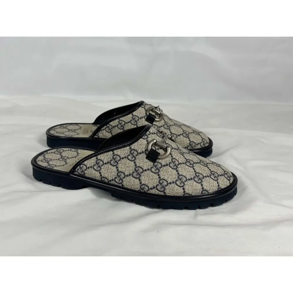 GUCCI Mule Slippers GG Navy Monogram & Silver tone Horsebit Size 5 SPB JA-368398